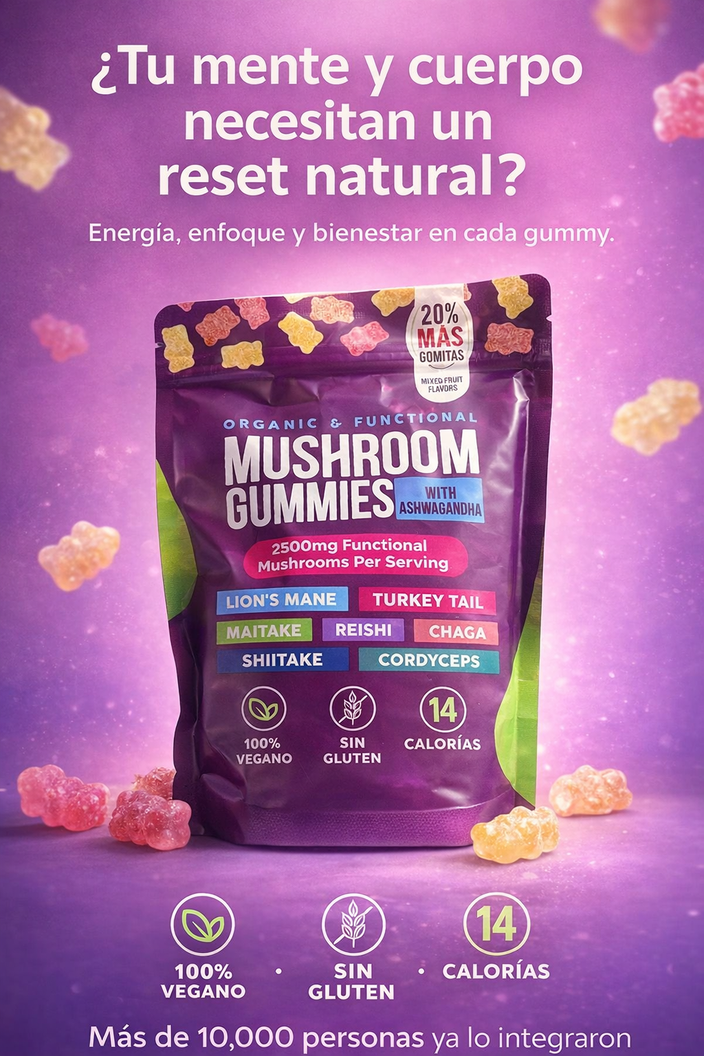 Apoya tu salud cerebral y reduce el agotamiento con Mushroom Gummies with Ashwagandha